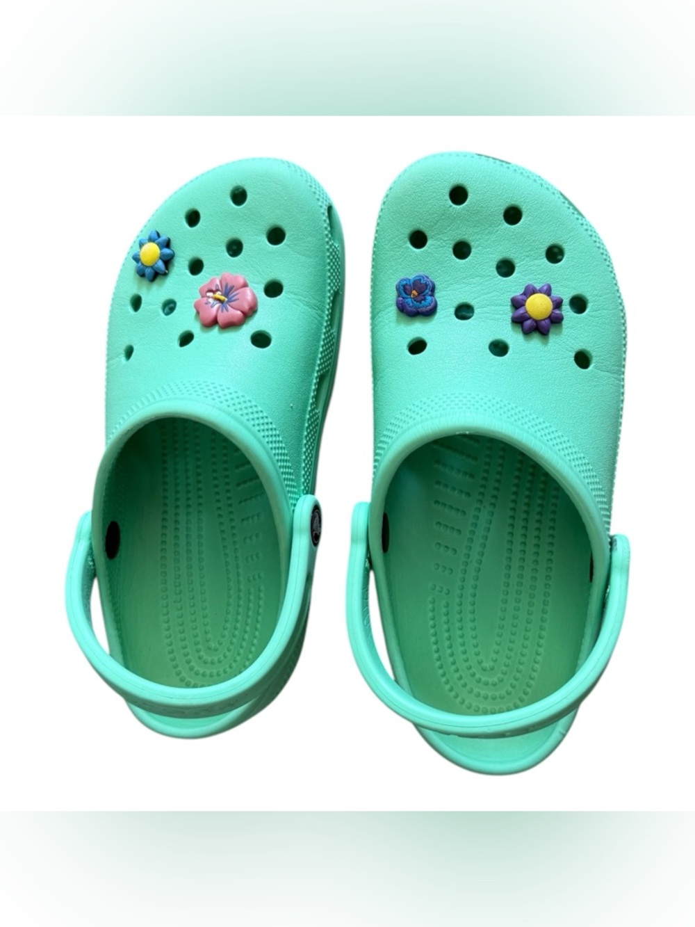 Crocs with 4 Jibbitz | Color is Mint Green | Fits Ladies 7 - 7.5 | Men’s 5 - 5.5